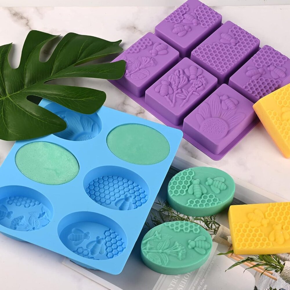 2 Pack 6 Cavity Bee Silicone Soap Molds Rectangle Oval Honeycomb Silicone Molds - Picture 4 of 6